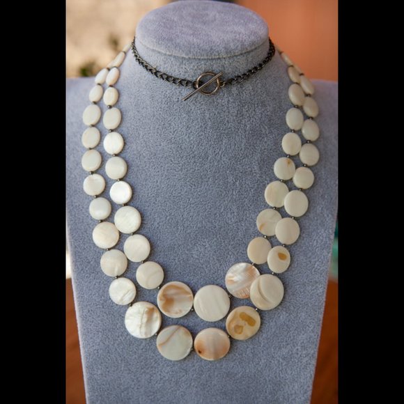 Hand Crafted Jewelry - NEW - Long, Double Strand Necklace - Natural Shell & Hematite Beads